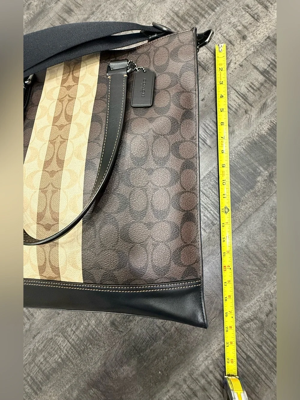 Coach Brown Signature Stripe Tote with Beige Center Stripe